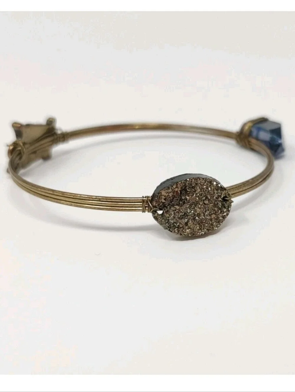 Boho Bangles Set of 3 Gold Bronze Tone Bracelets Wire Wrap Charms Feathers Owls